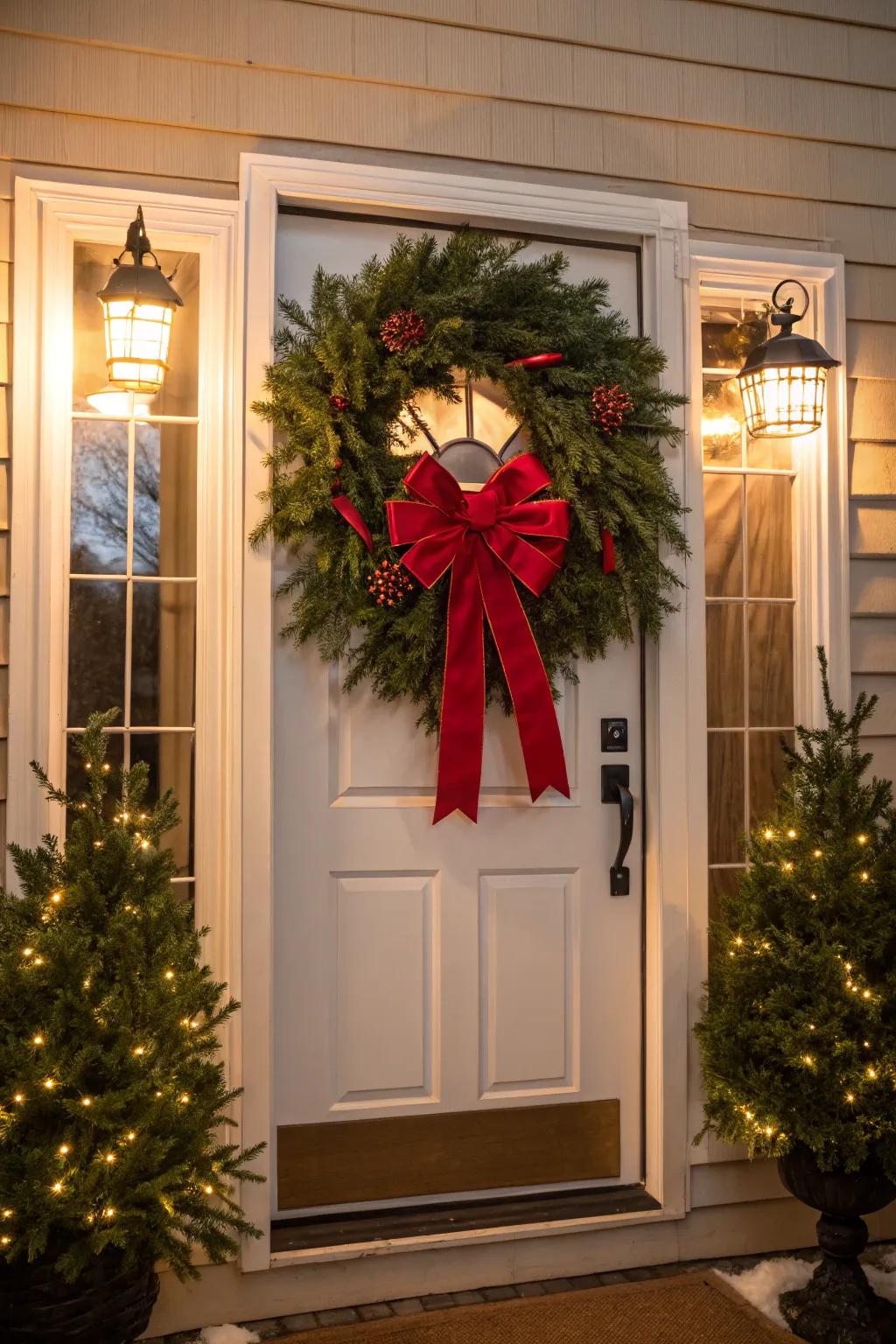 A timeless evergreen circle featuring a celebratory scarlet ribbon.