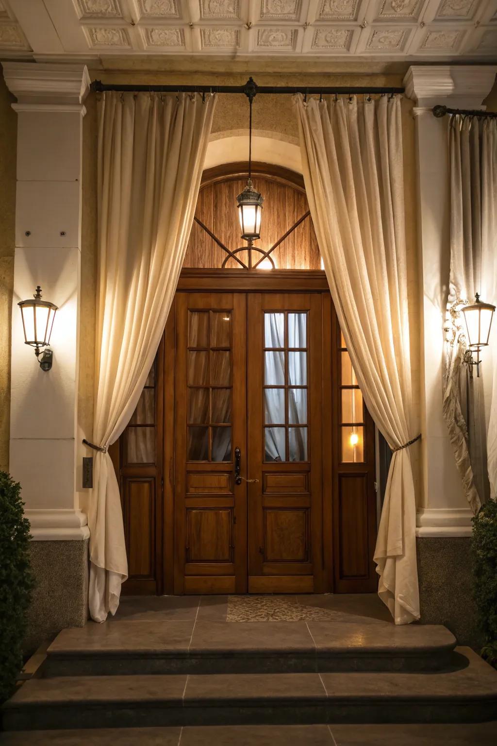 A classic wooden door complemented by gracefully flowing drapes.