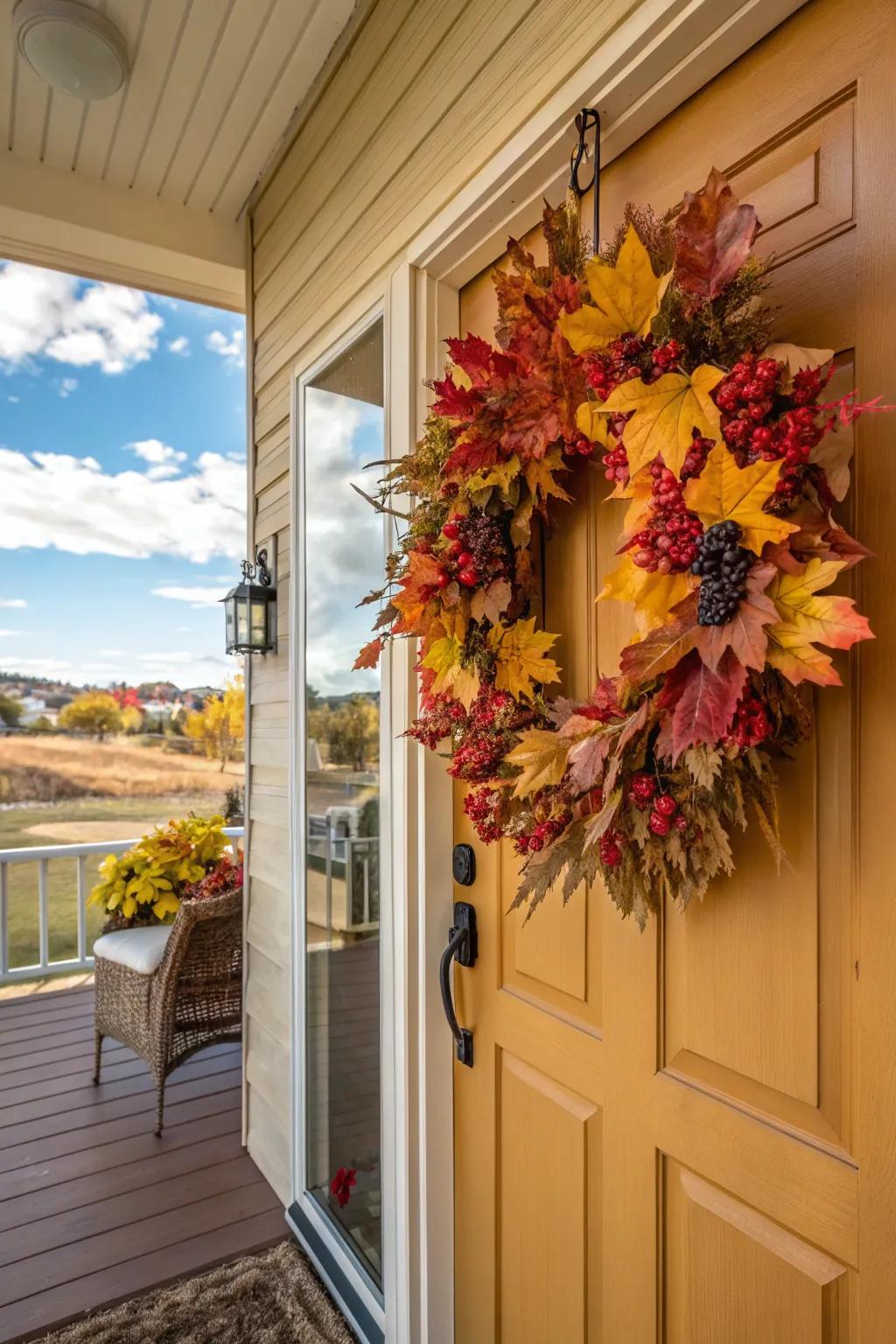 A seasonal door ring crafted from autumnal leaves and berries.