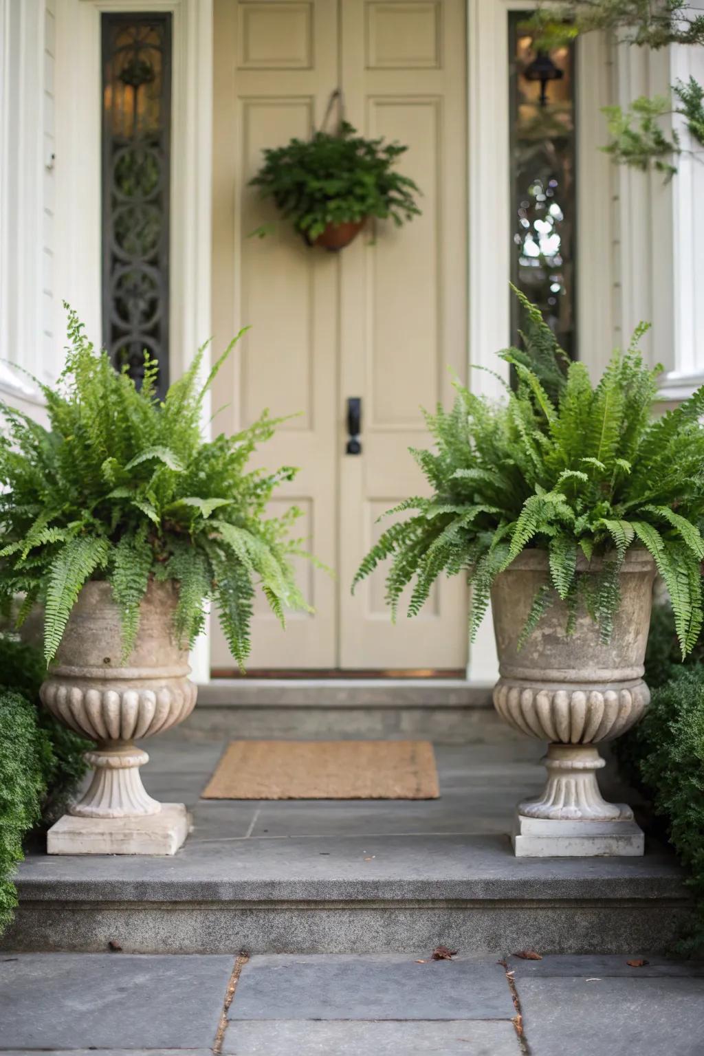 Use matching planters to frame your door for a balanced aesthetic.
