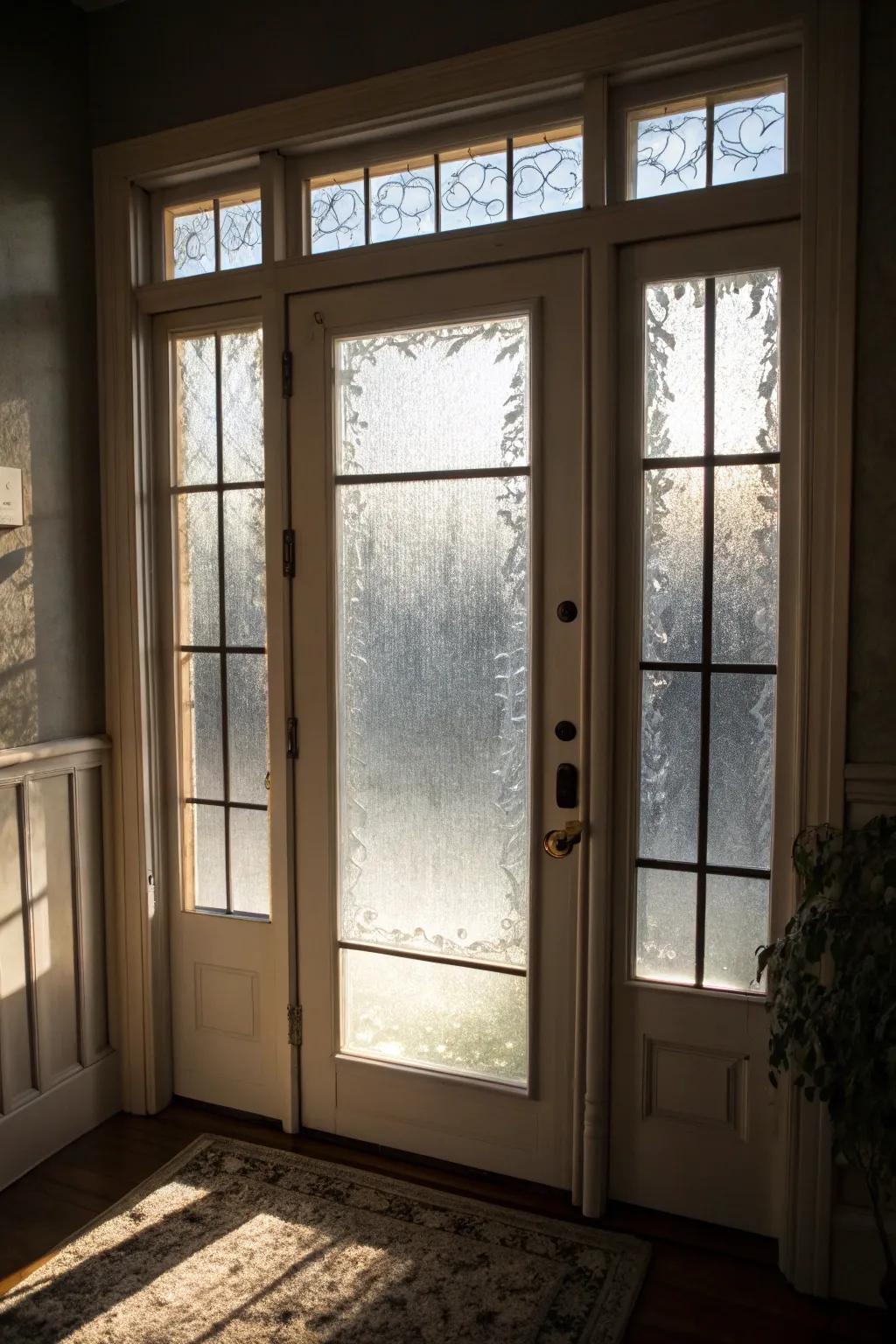 A doorway fitted with frosted glass panels that offer good privacy.