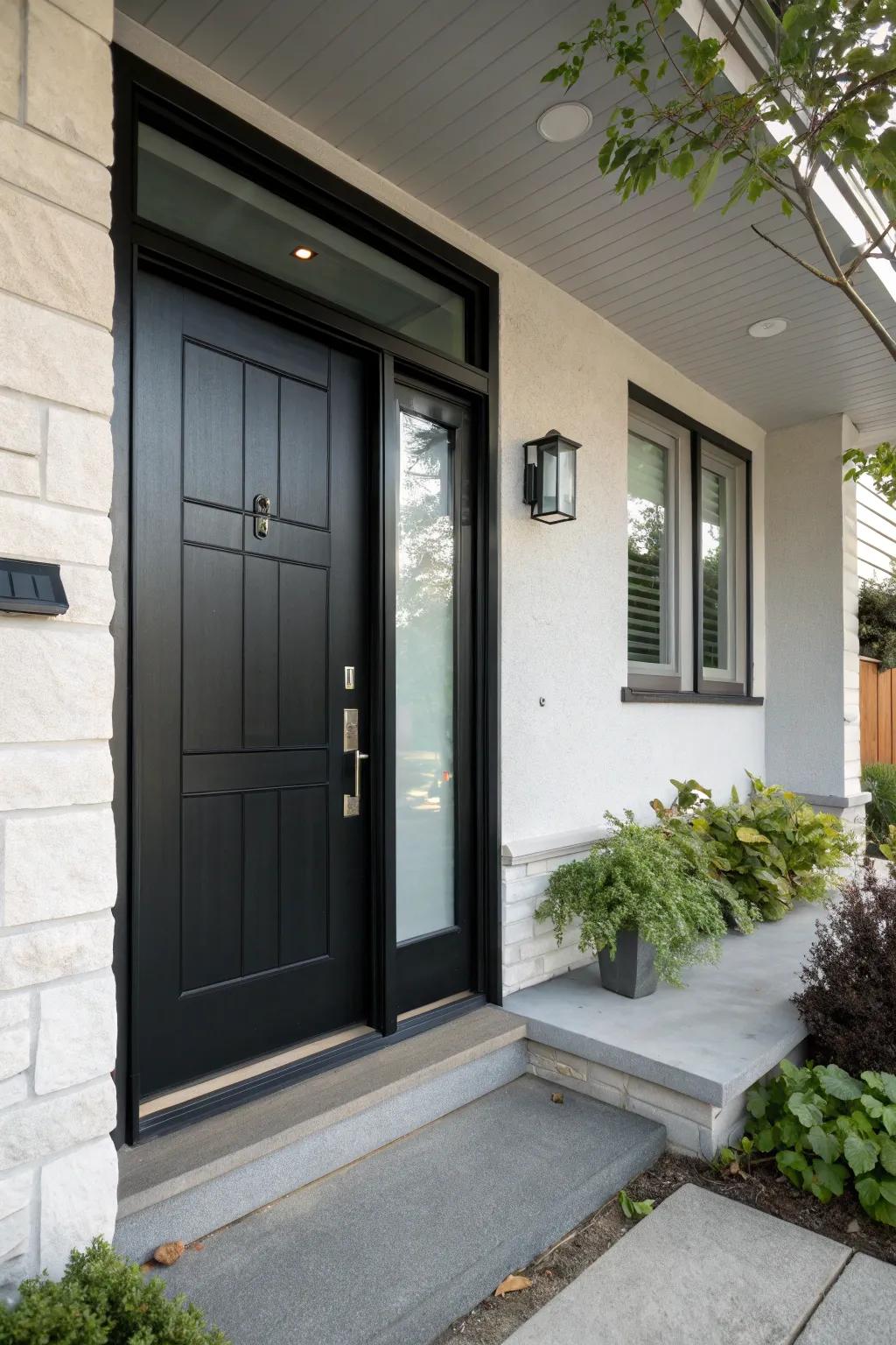 A refined black door complemented by a textured glass sidelight for enhanced privacy and light.