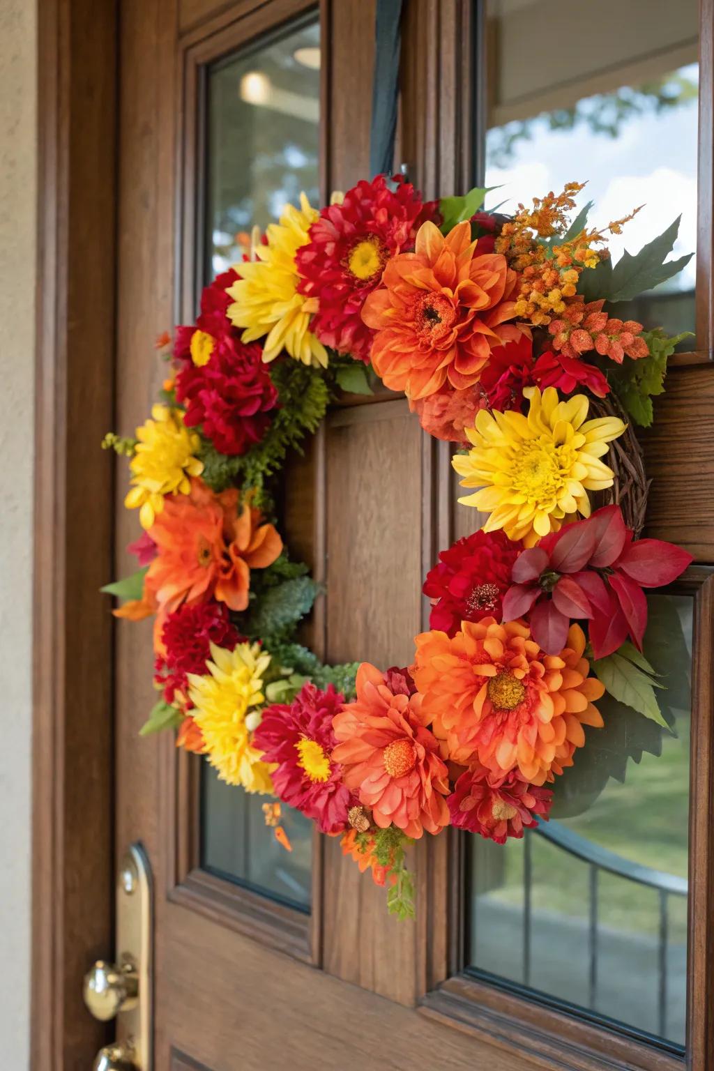 A seasonal floral wreath that mirrors the hues of nature on your front door.