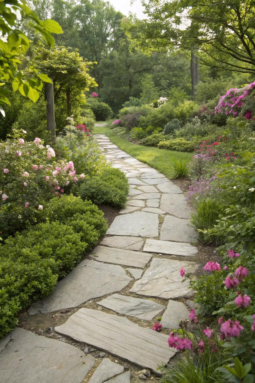 A naturally styled walkway built from stone, enveloped by lush vegetation.