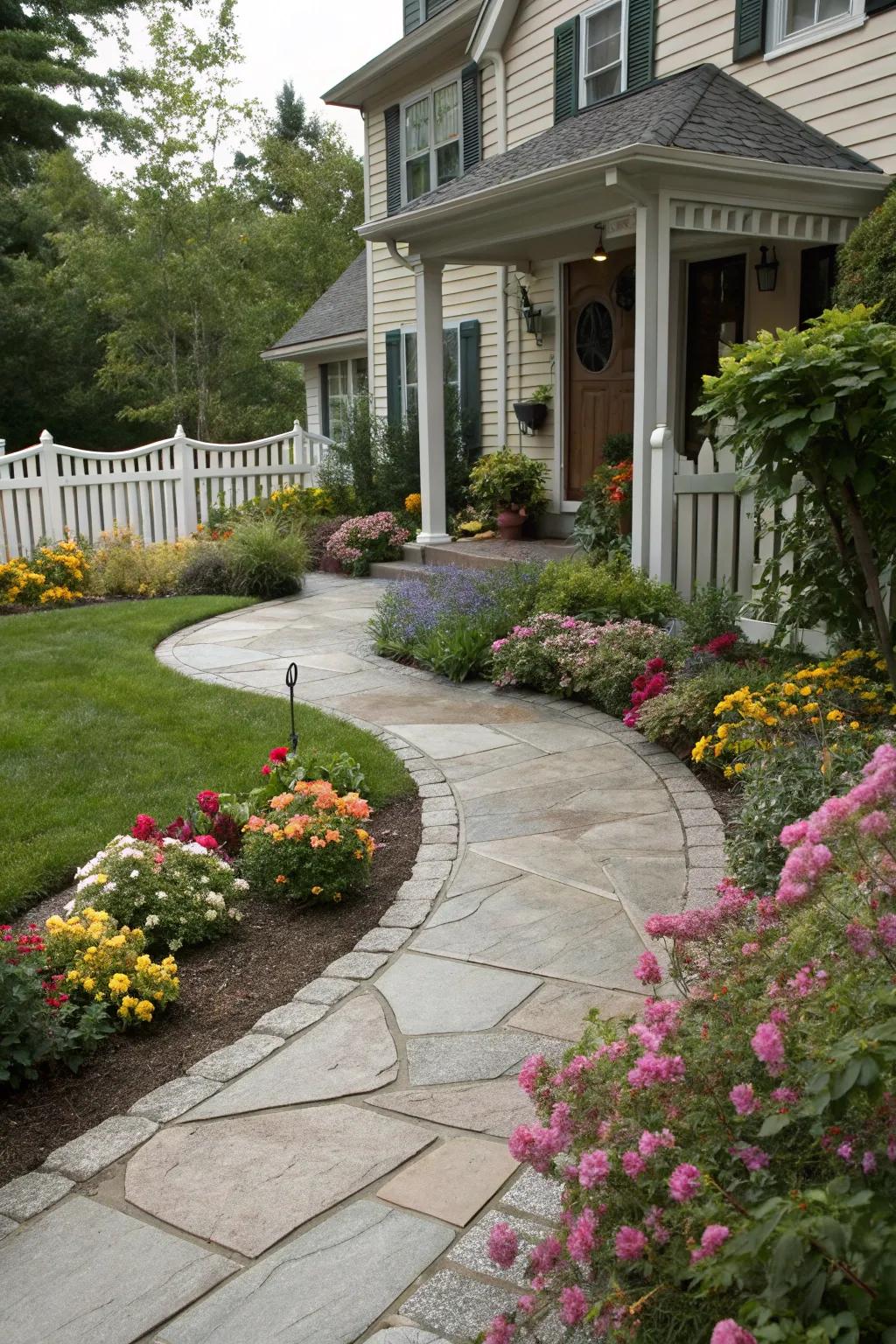 A delightful curved pathway leading to a home's front door