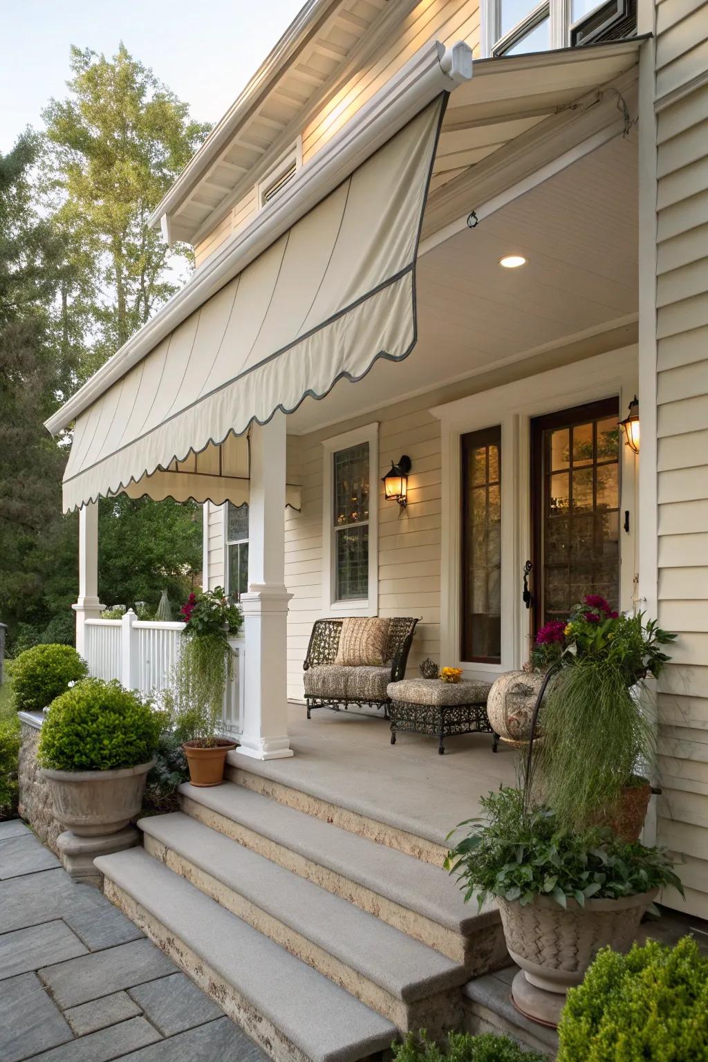 Classic fabric awnings offer a blend of style and shade for your porch area.