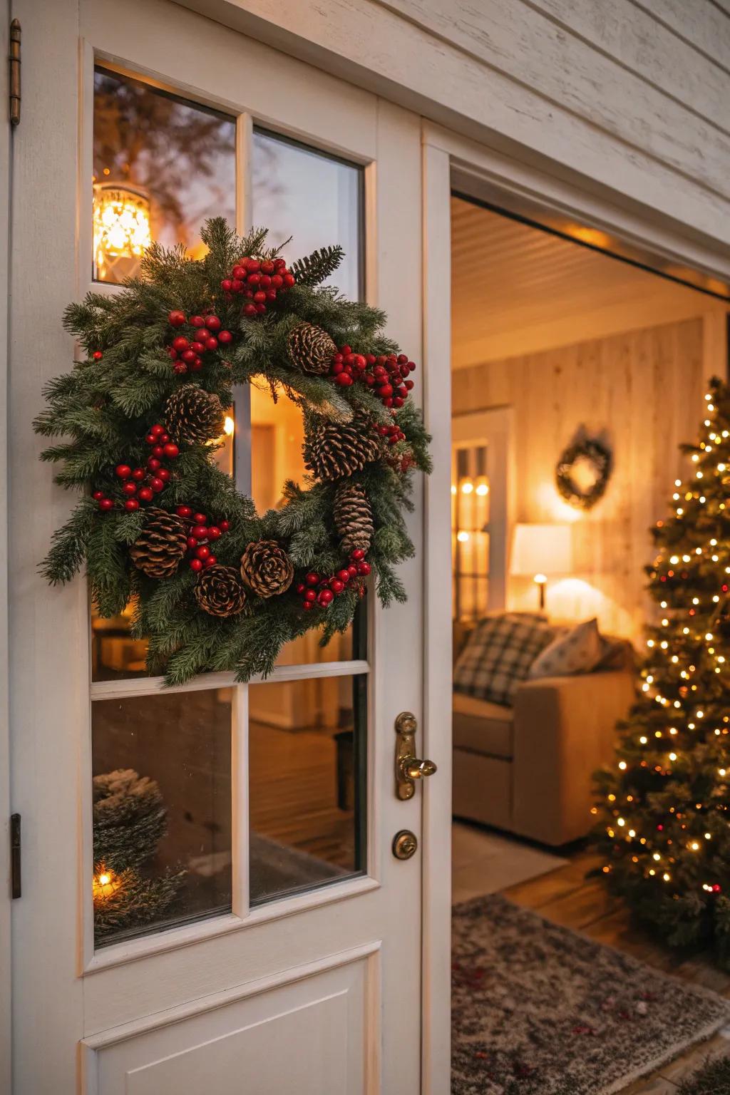 A cheerful evergreen brings a touch of Yuletide happiness to your doorway.