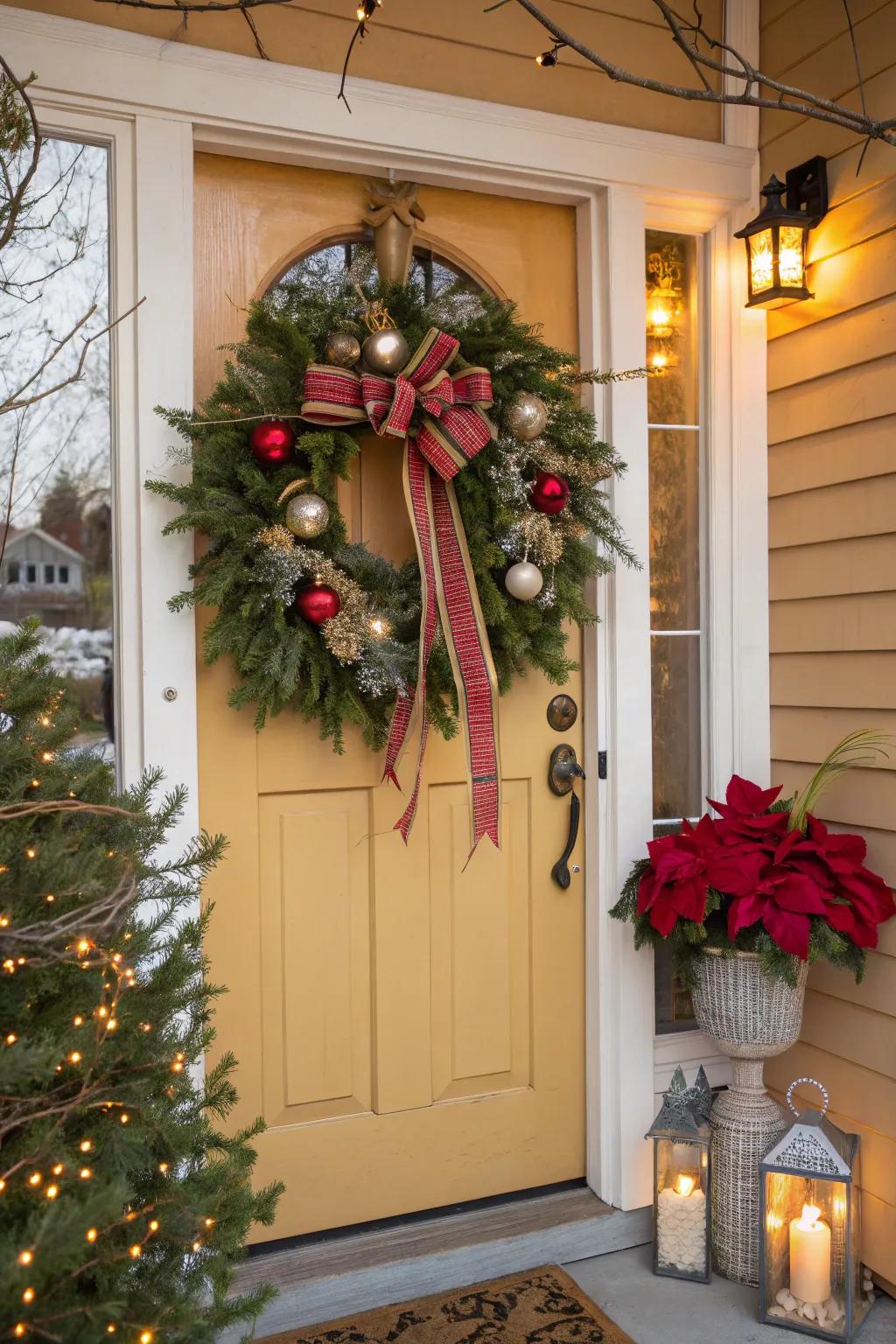 A timeless Christmas wreath offers a cordial greeting to any porch.