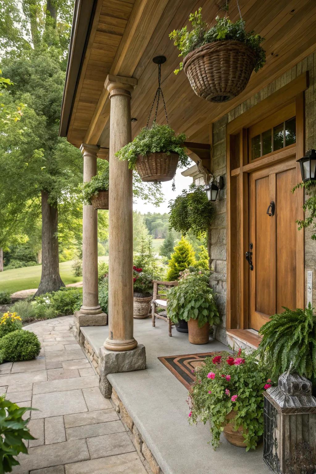 Columns in natural wood introduce countryside appeal and warmth to the front porch.