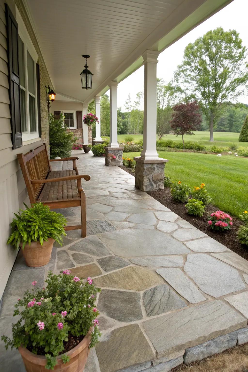 Natural stone blends sophistication with resilience for your porch.