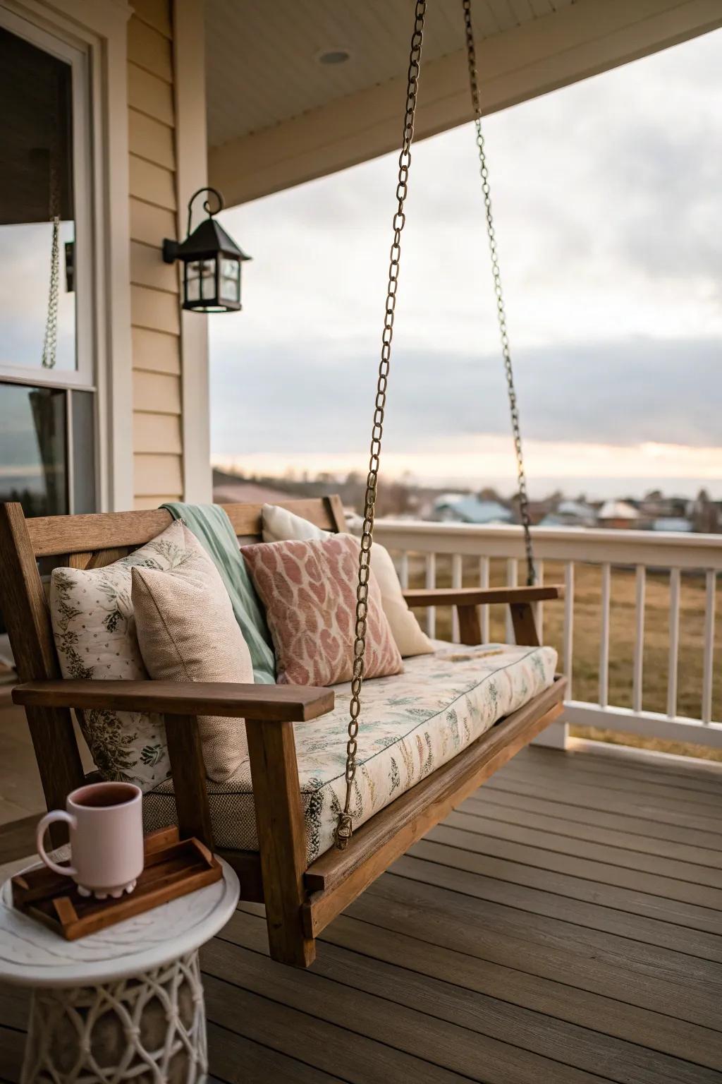 A comfortable front porch featuring a wooden swing accented with pillows.