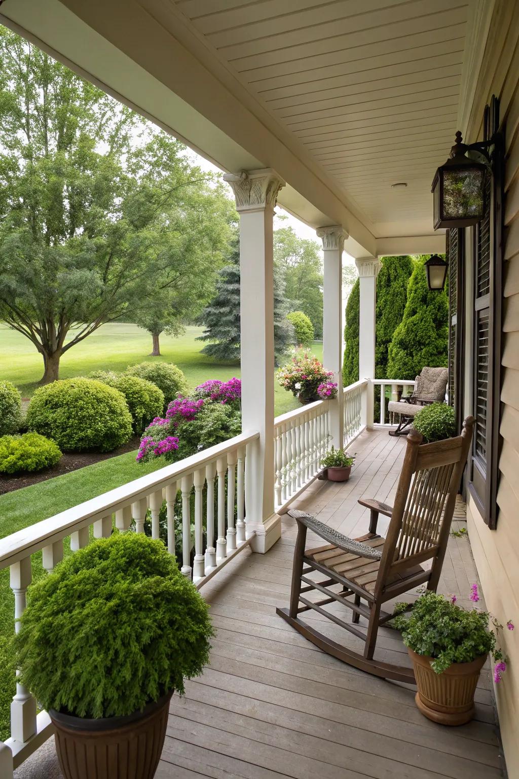 Traditional wooden railings infuse warmth and charm to any front entrance.