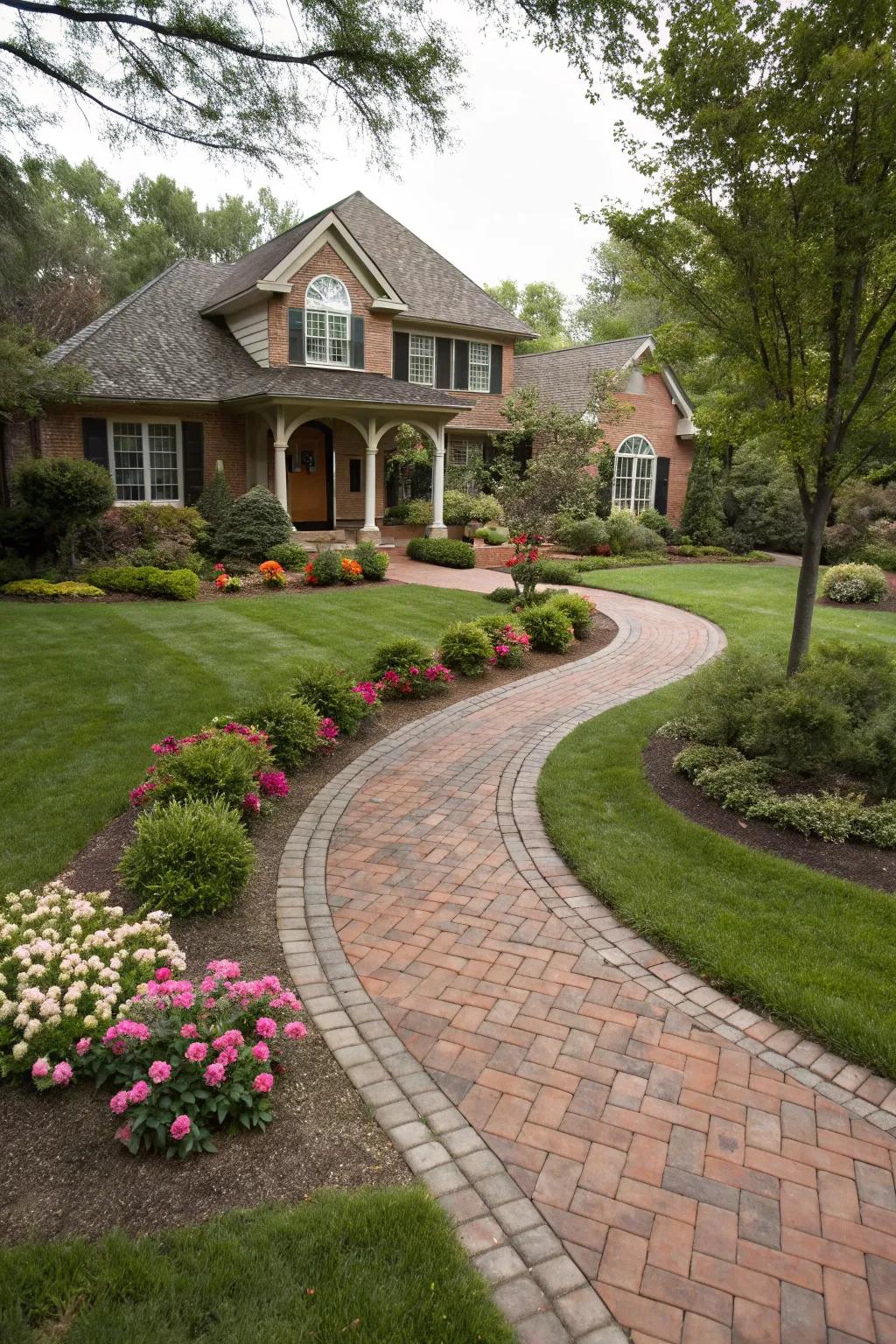 A delightful brick pathway winds through a vibrant front garden.