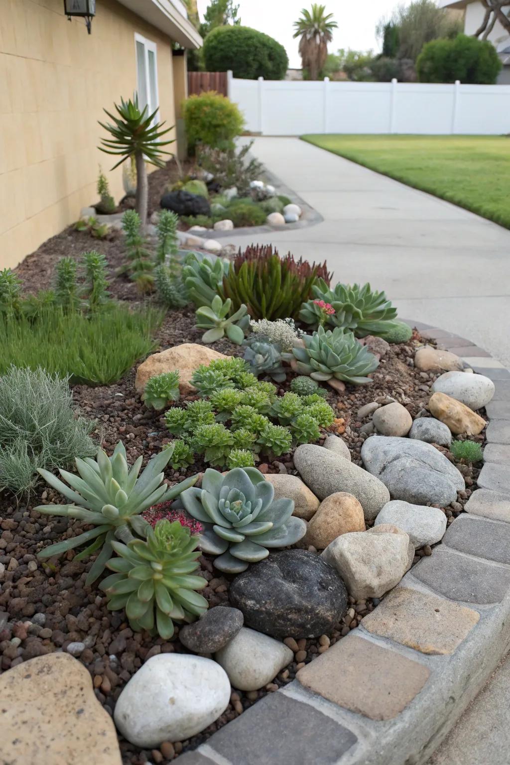 A peaceful miniature rock garden nestled in a front yard corner.