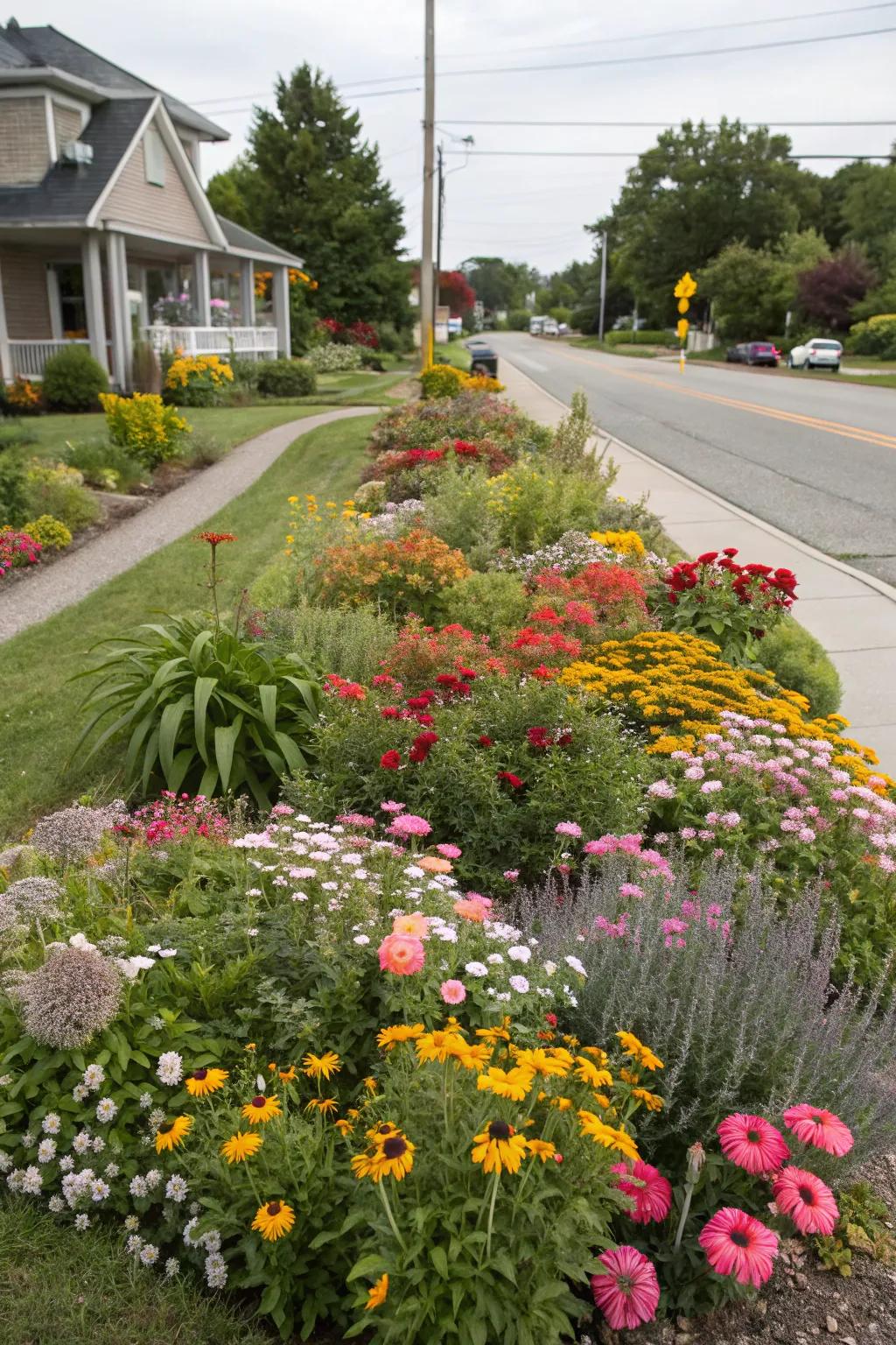 A lively flower display situated on a corner lot, showcasing a variety of blooms and colors.