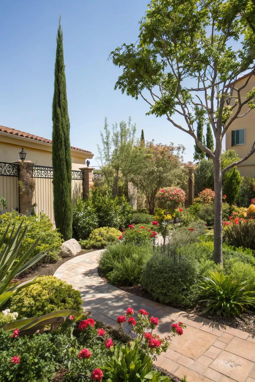A verdant haven in the front yard featuring different plants, creating a tranquil setting.