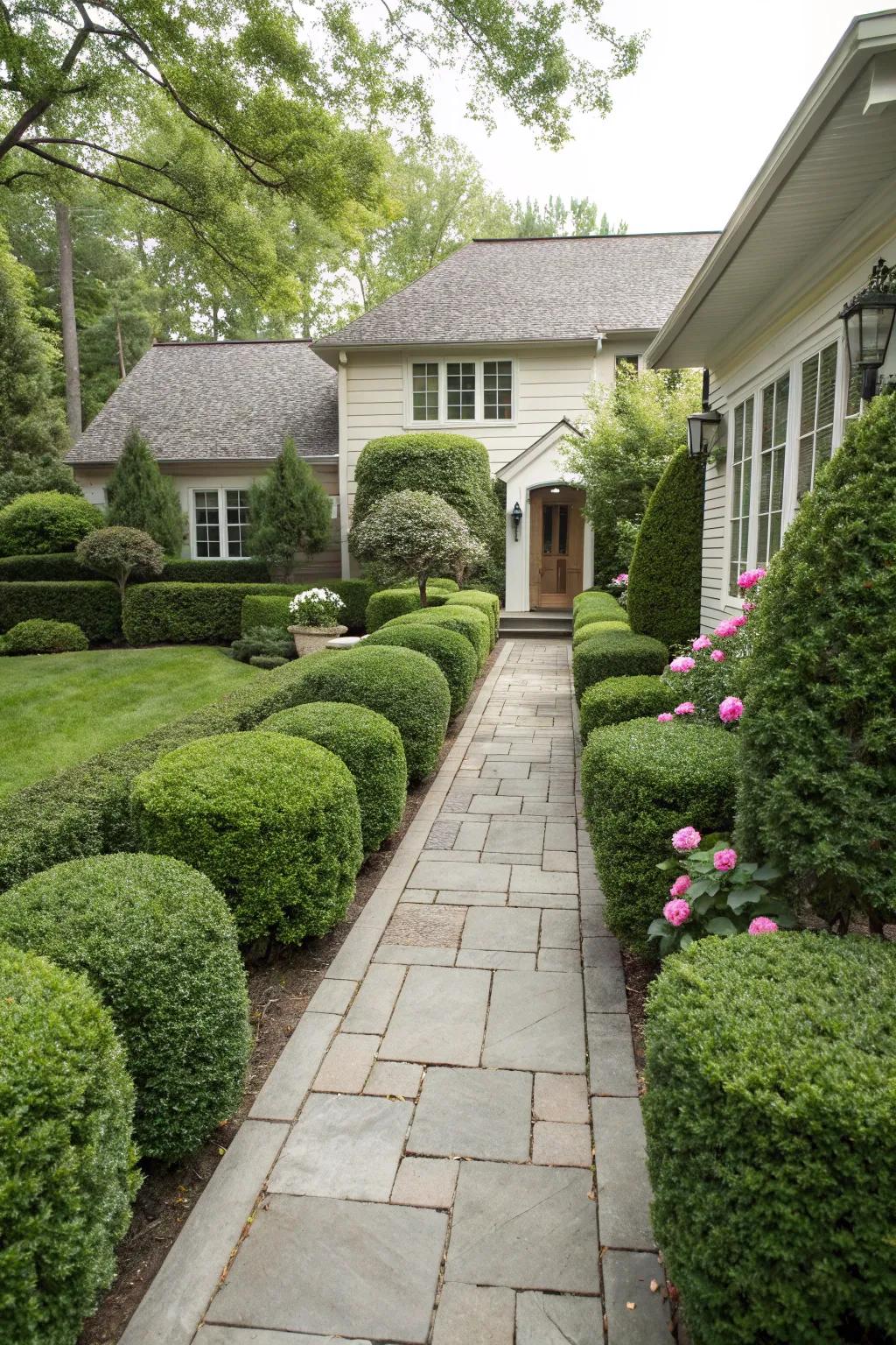 Well-maintained boxwood borders bring definition to this front yard.