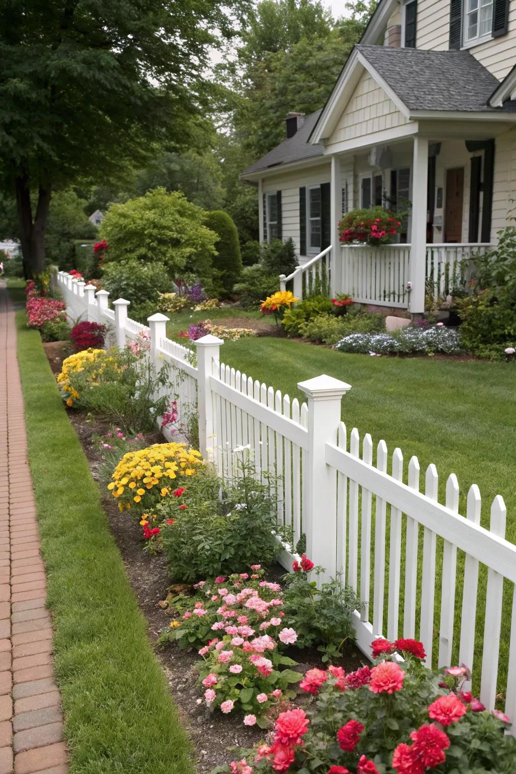 A quintessential white picket boundary radiates enduring elegance.