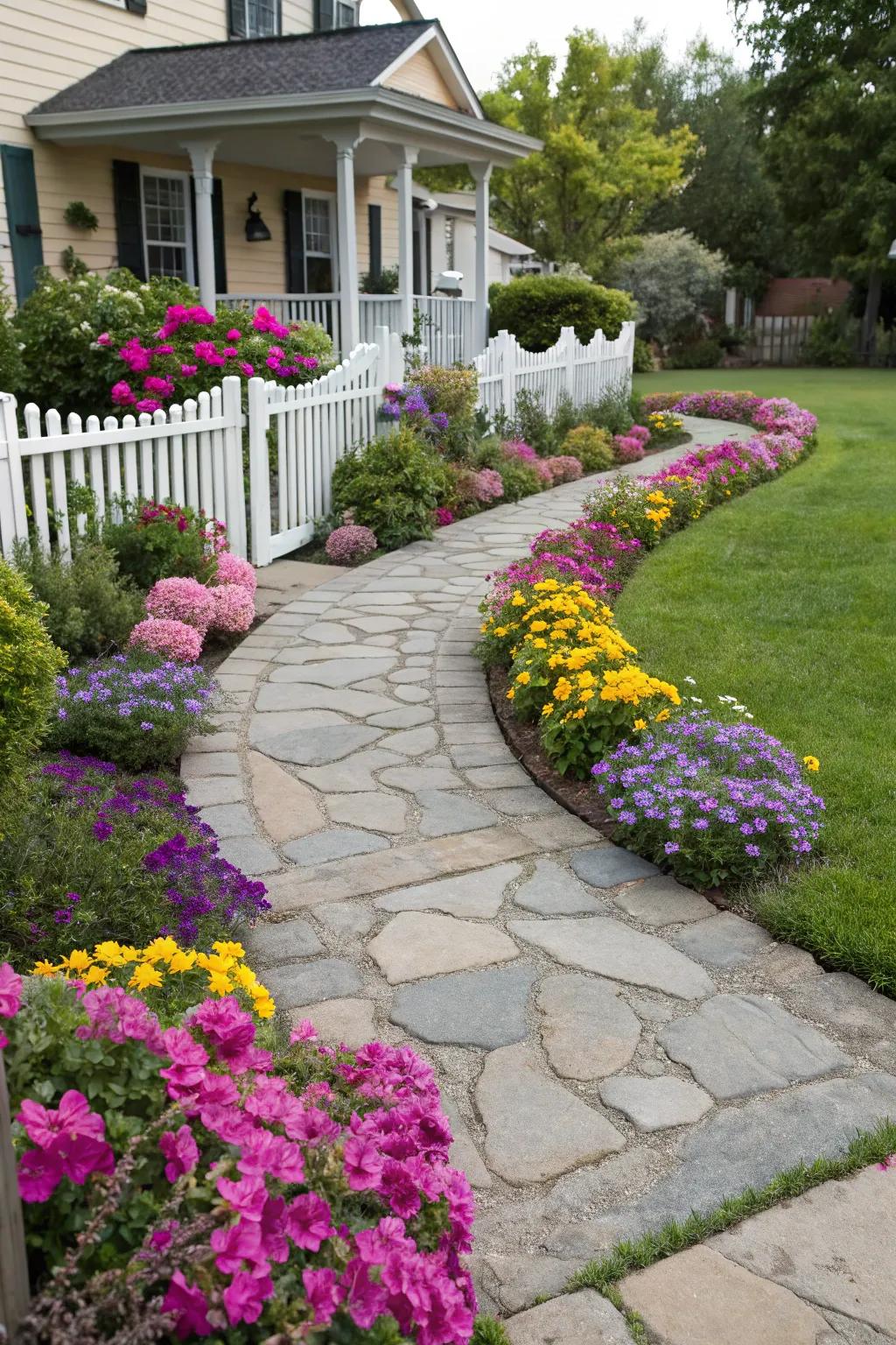 Stone pathways provide elegant separation and structure to flower beds.