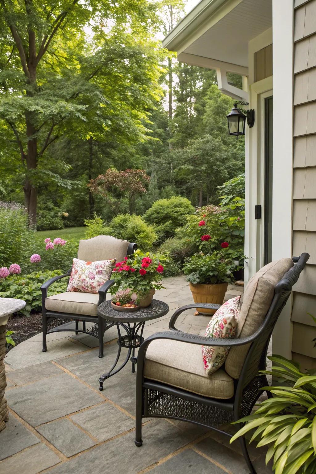 Design a cozy corner on your front patio for morning coffee.