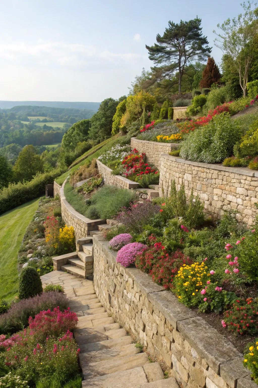 Tiered gardens give your front yard incline dimension and visual charm.