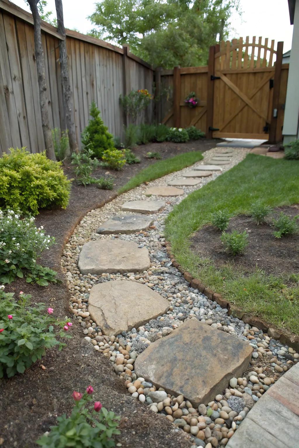 A stone pathway with stepping stones, gracefully directing through a front yard.