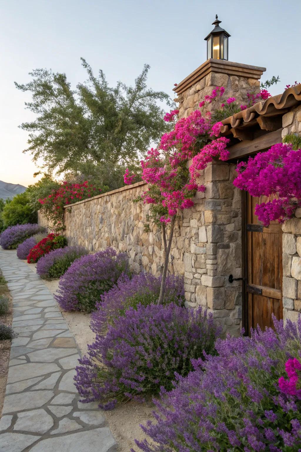 Lively shrubbery and vibrant bloomers bring splashes of color to this Mediterranean landscape.