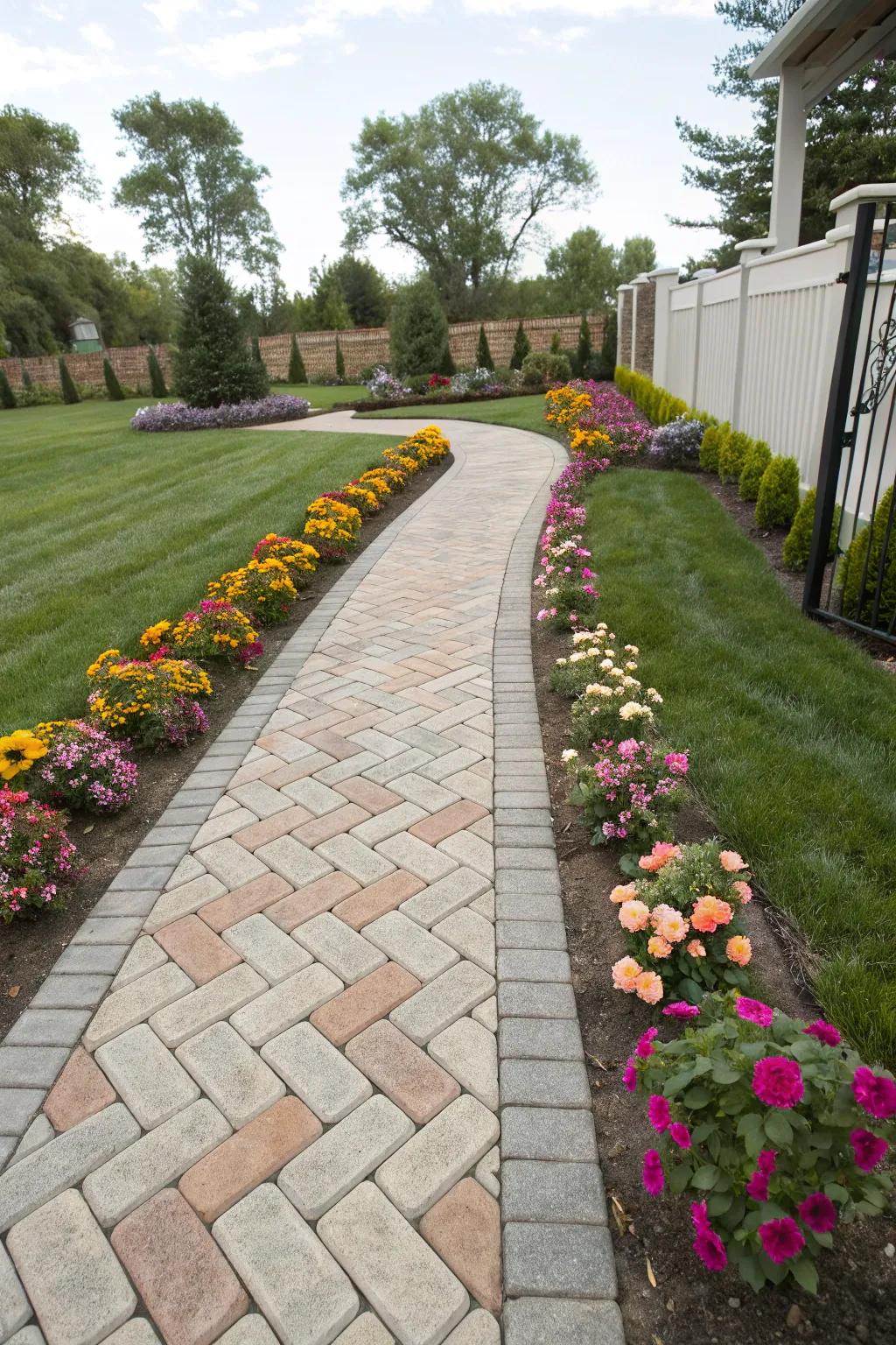 Classic herringbone paver pathways are always in vogue.