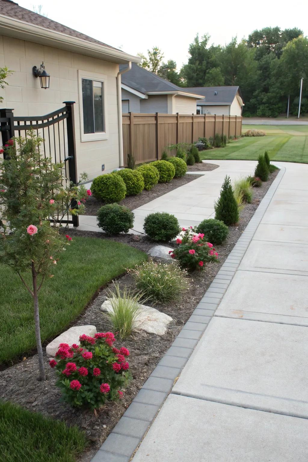 Uncluttered plant arrangements in a ranch-style front yard