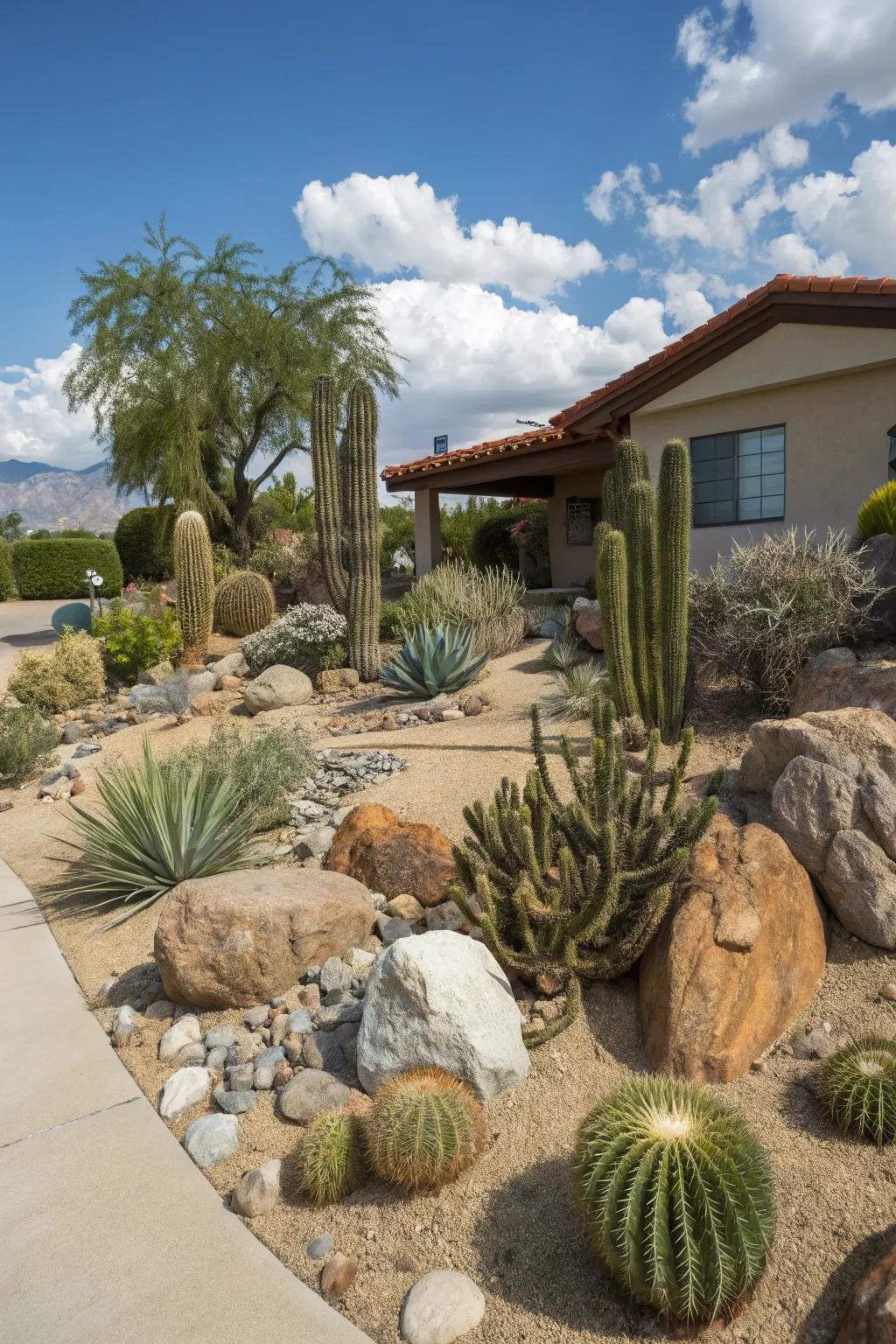 A water-wise front yard inspired by arid landscapes, featuring spikeleafs and succulents as focal points.