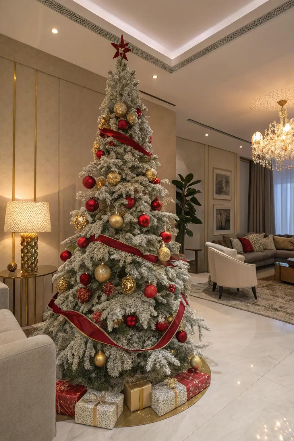 Scarlet and gilded embellishments introduce a classic touch to this frosted Christmas tree.