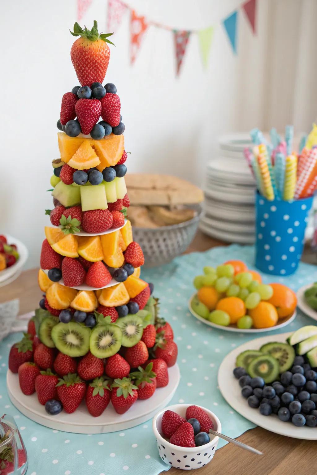 A striking rainbow fruit tower, perfect for adding height and vibrancy.