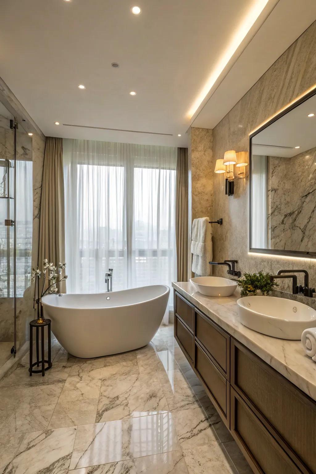 A standalone tub serves as the elegant center of attention in this stylish bathroom.