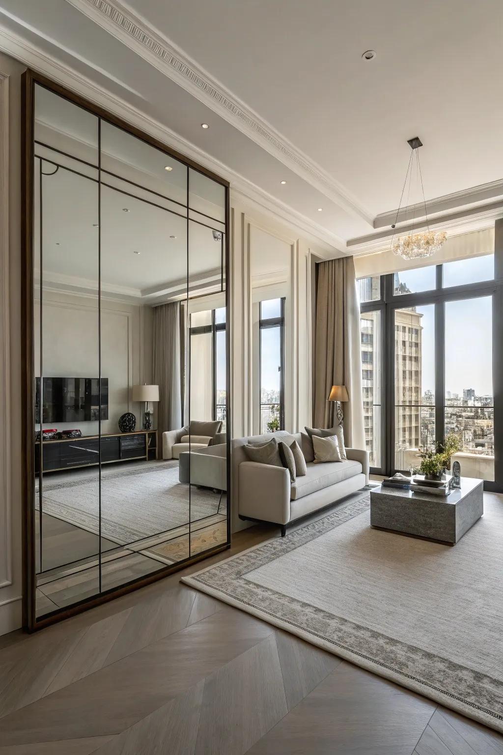 Floor-to-ceiling mirrors dramatically expand the sense of space.