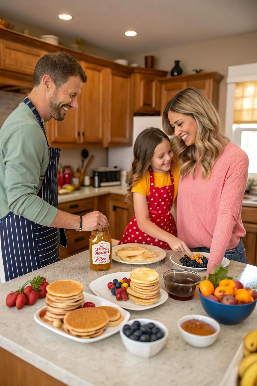 Family togetherness during a pancake-making session, filled with fun and learning.