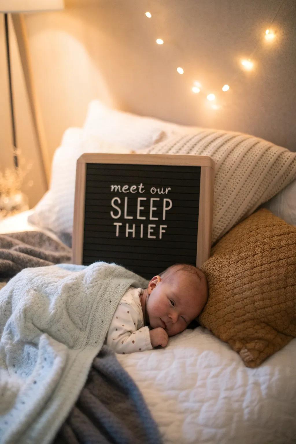 Sweet irony in capturing sleepless nights with a humorous letter board.