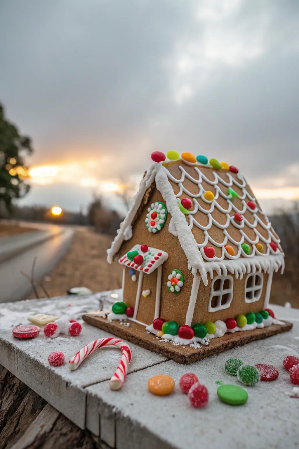 A gingerbread house leaning with distinct character