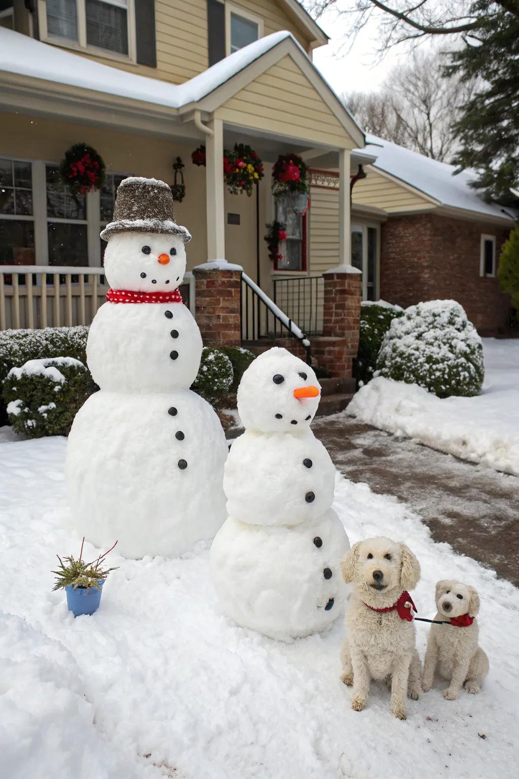 A delightful snow figure family relishing winter together.