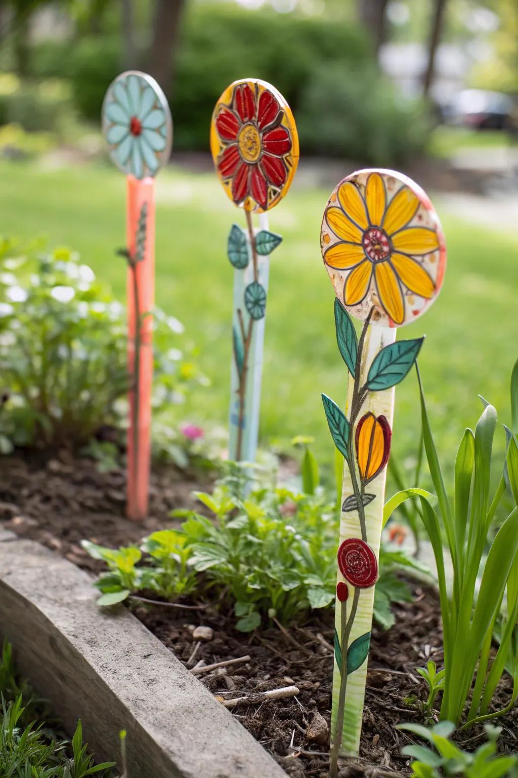 Botanical fused glass adding a touch of sunshine to the garden.