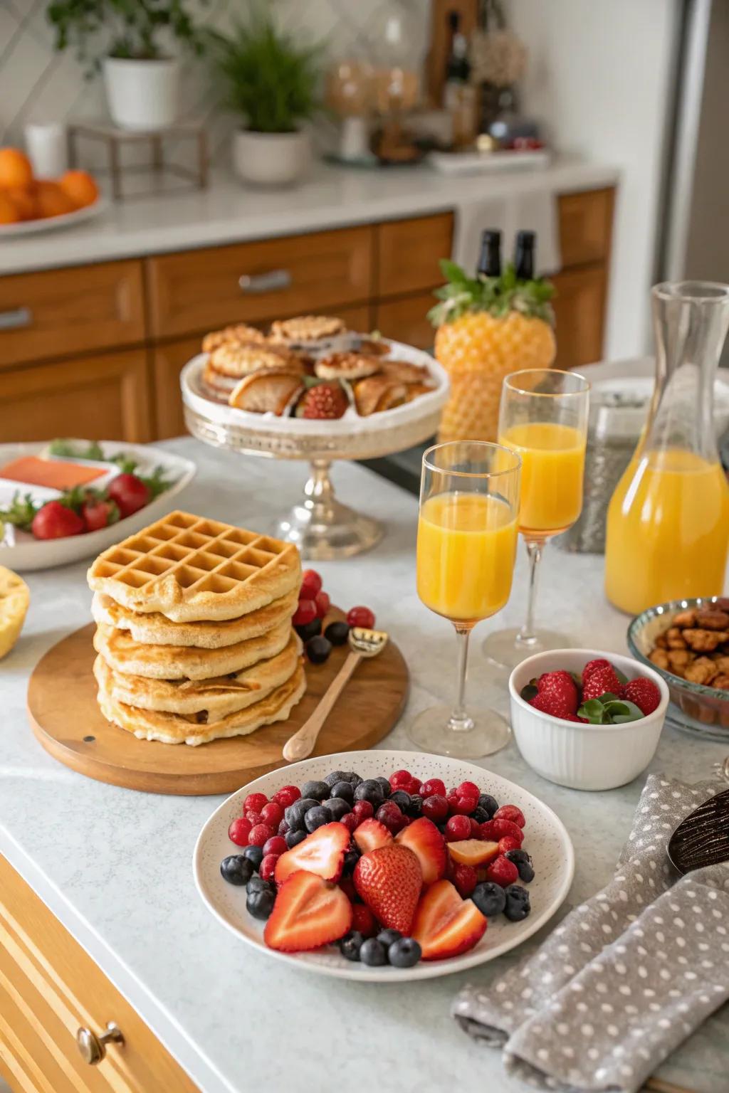 A lively Galentine's Day brunch arrangement featuring a delightful assortment of sweet and savory items.