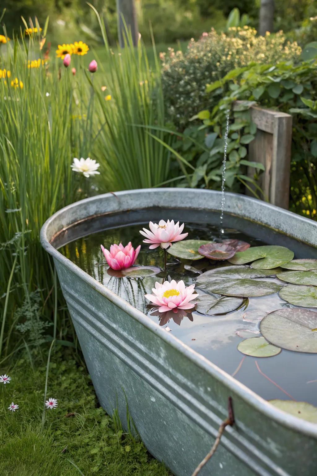 An eye-catching elevated garden showcases water-loving flora in a weathered basin.