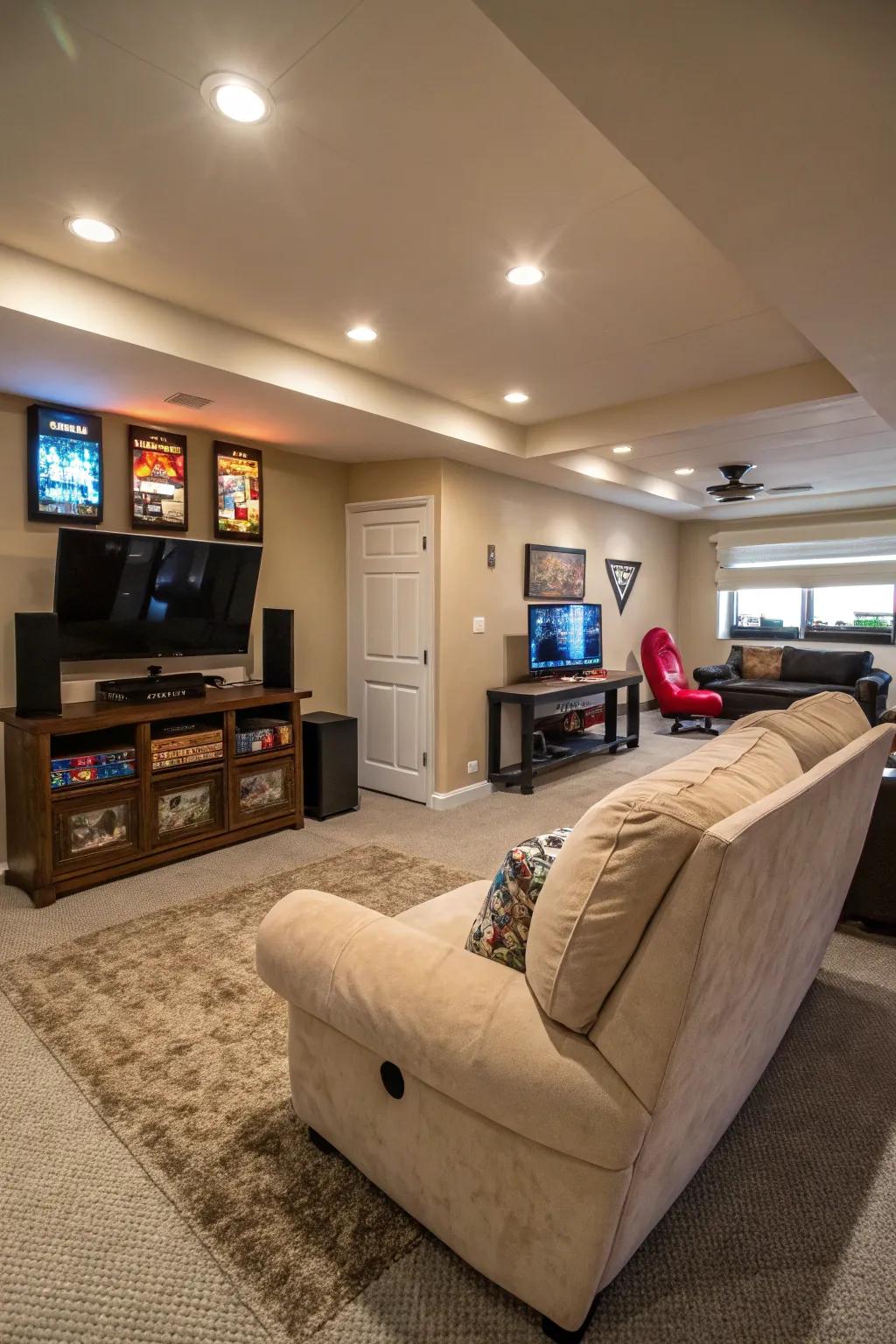 A luxurious lounge chair offering relaxation in your game room setup.