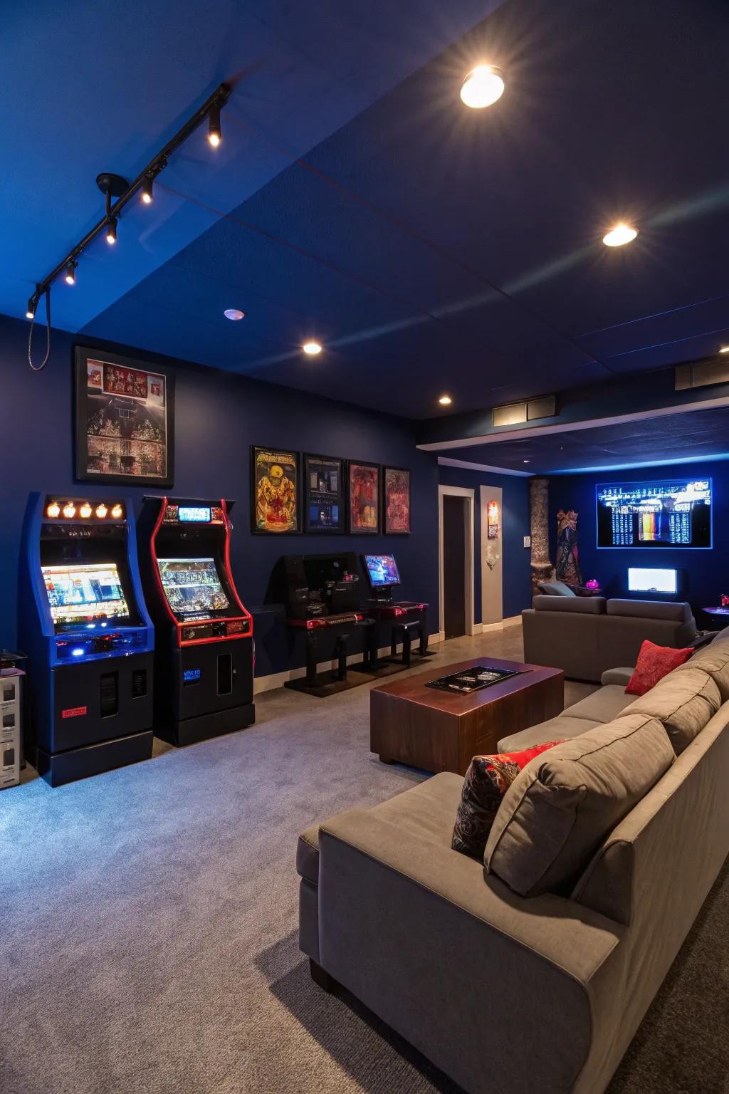 Deep blue walls establish a focused and immersive gaming atmosphere.