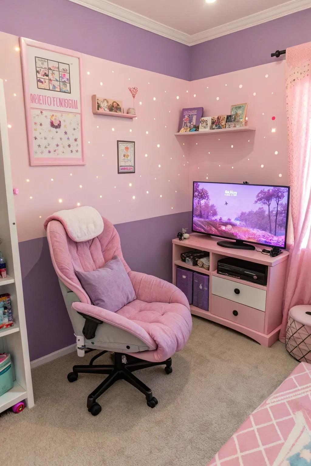A pastel-themed gamer girl room offering both serenity and elegance.