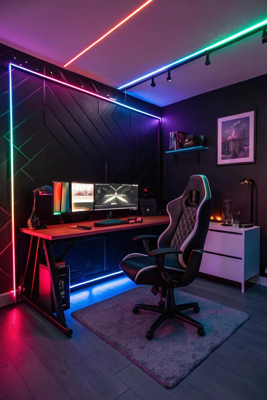 Deep black walls provide an elegant, immersive gaming environment.