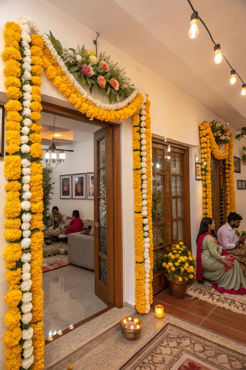 A home decorated with zinnia and gardenia garlands, amplifying the festive essence of Ganesh Chaturthi.
