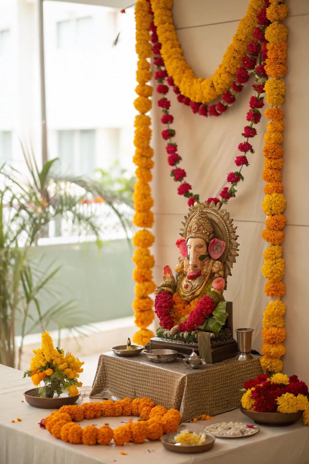 A flower-filled sanctuary for Ganpati, featuring marigolds and roses.