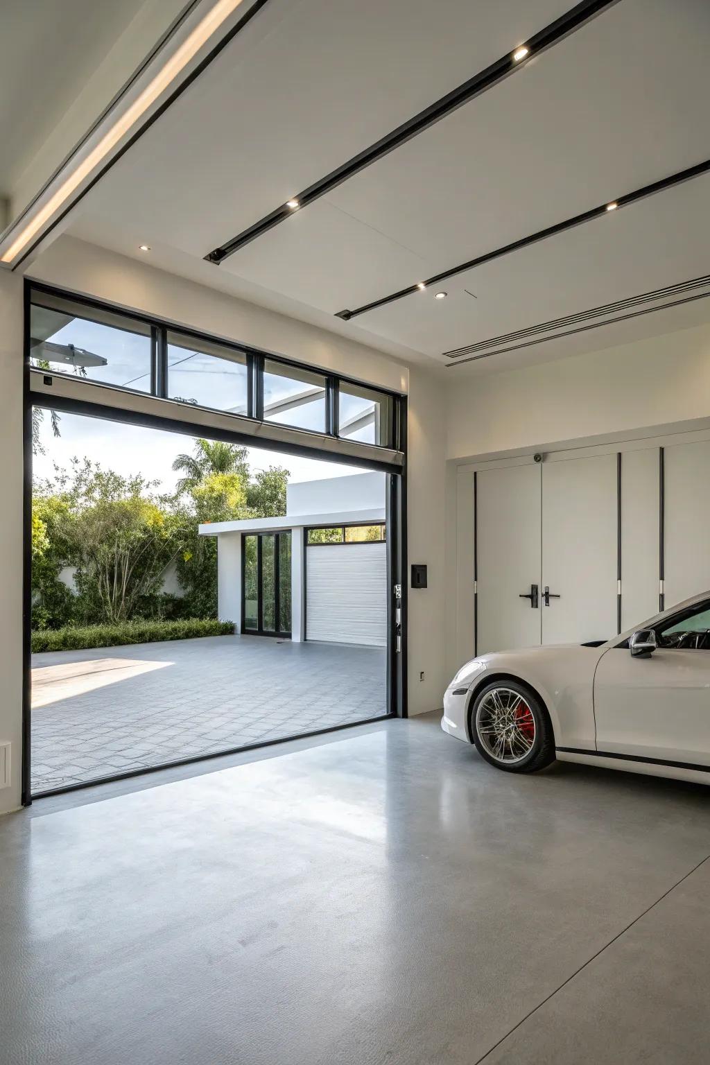 A minimalist garage designed to seamlessly integrate with a modern residence.