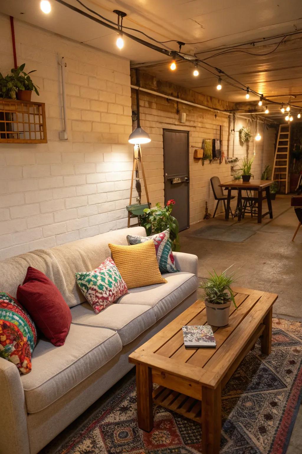A comfortable seating corner featuring a luxurious couch and attractive ornamentation.
