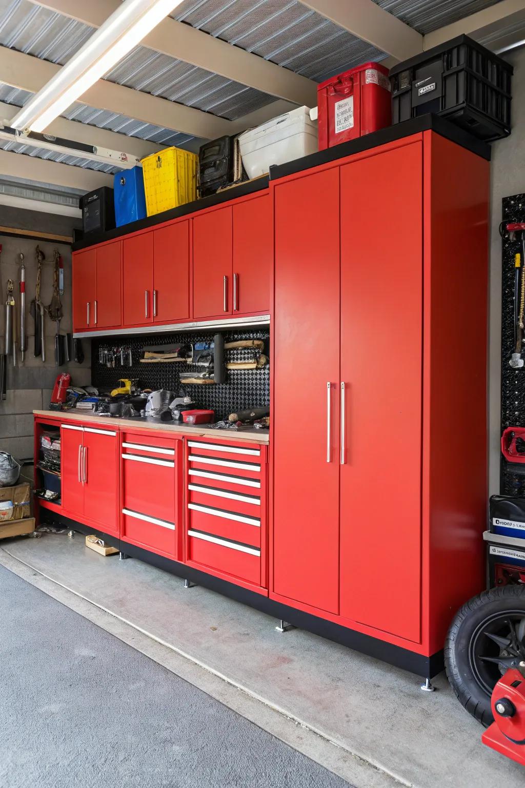 Vibrant red cabinets create a bold visual in this lively garage.
